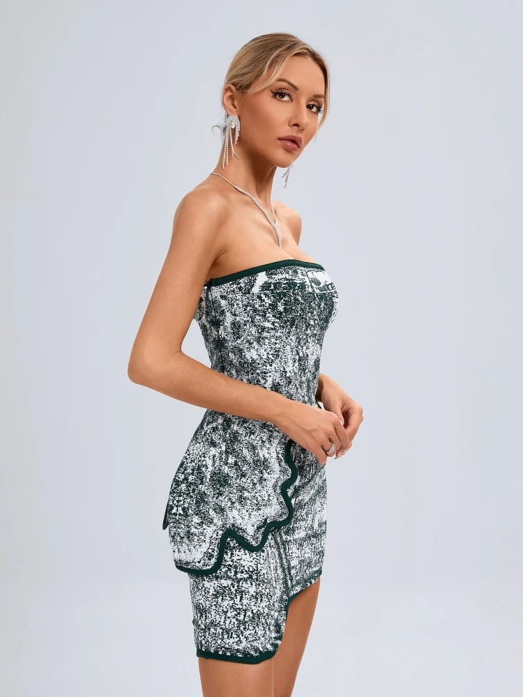 Summer Sexy Asymmetric Strapless Top+ Mini Skirts Two Piece Set Women Green Printed Sleeveless Bandage Suits Elegant Party Club