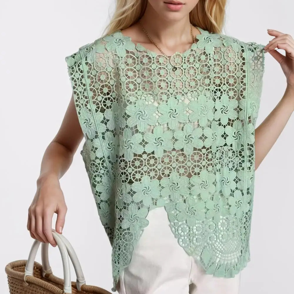 2024 New Summer Women Vest T-Shirt Sleeveless Basic Fashion Tops Lace Tees Casual Loose Green Tees