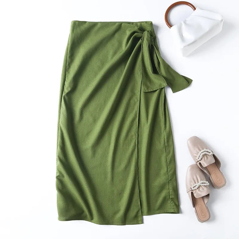 Summer 2023 new cotton and linen split design temperament skirt green knotted split midi skirt