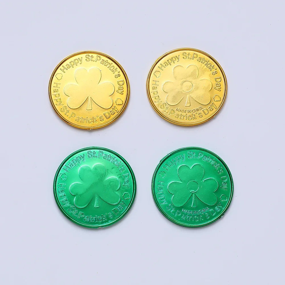 40/60pcs St. Patrick's Day Lucky Coin Plastic Shamrock Gold Green Coin Toys Treasure Irish Holiday Party Decoration Kids Gifts