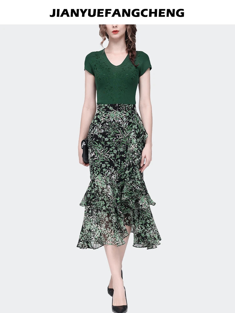 Fashion Green Plants Florals Printed Chiffon Summer Skirt Women High Waist Ruffles Mermaid Long Skirt Elegant Flowy Ladies Skirt