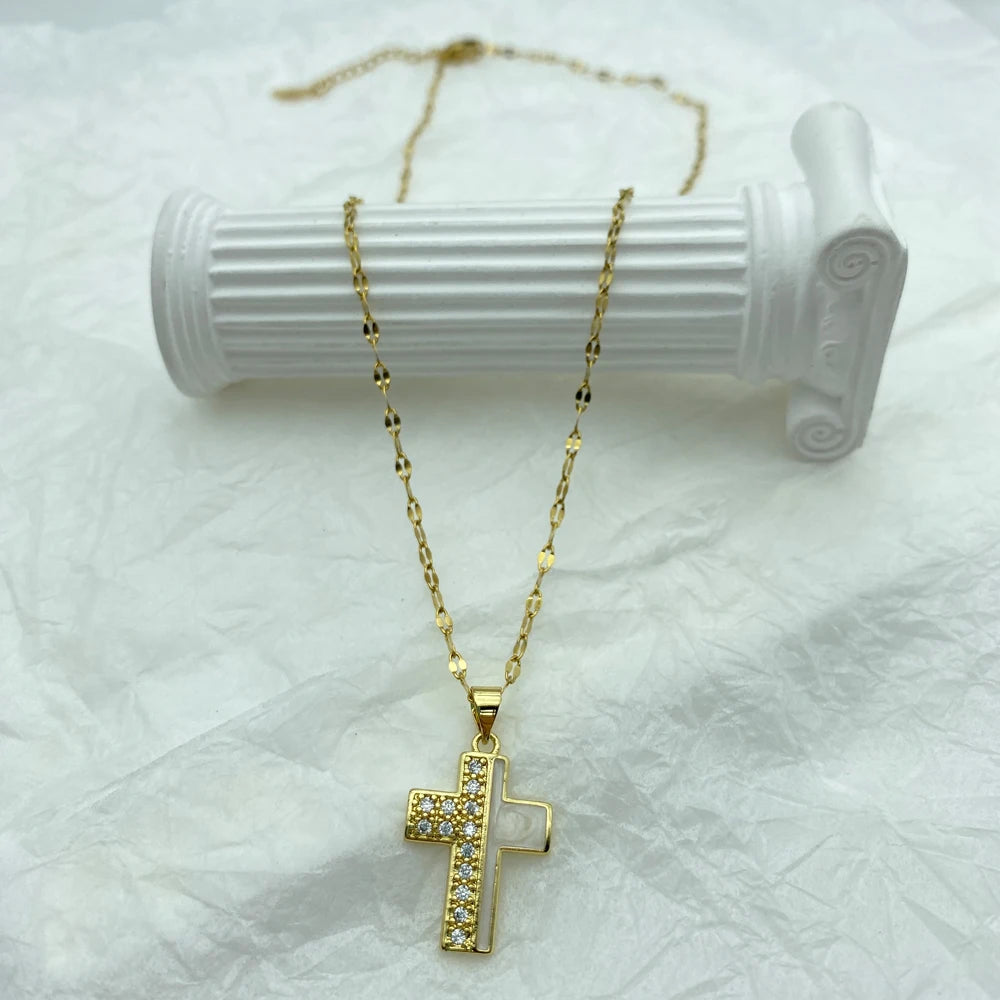 Cross Necklace White Enameled Pendant Stainless Steel Necklace For Women Fashion Steel Jewerly New In Accessories Simple Style