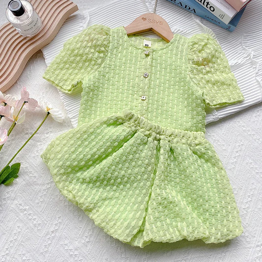 Girls' Suit Summer Clothing New Green Baby Girls' Solid Color Top+Shorts Two-Piece Suit