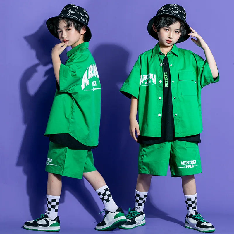 Kids Green Suit Kpop Hip Hop Clothing Solid Color Shirt Top Streetwear Cargo Jogger Shorts Pants Child Girls Jazz Dance Costume