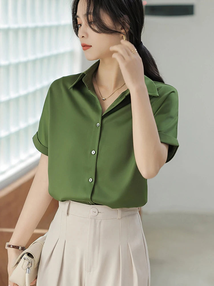 2024 Summer Satin Silky Green Shirts Women Short Sleeve Blouse Shirts Elegant Tops Blusas Femme Office Lady Blouses for Women