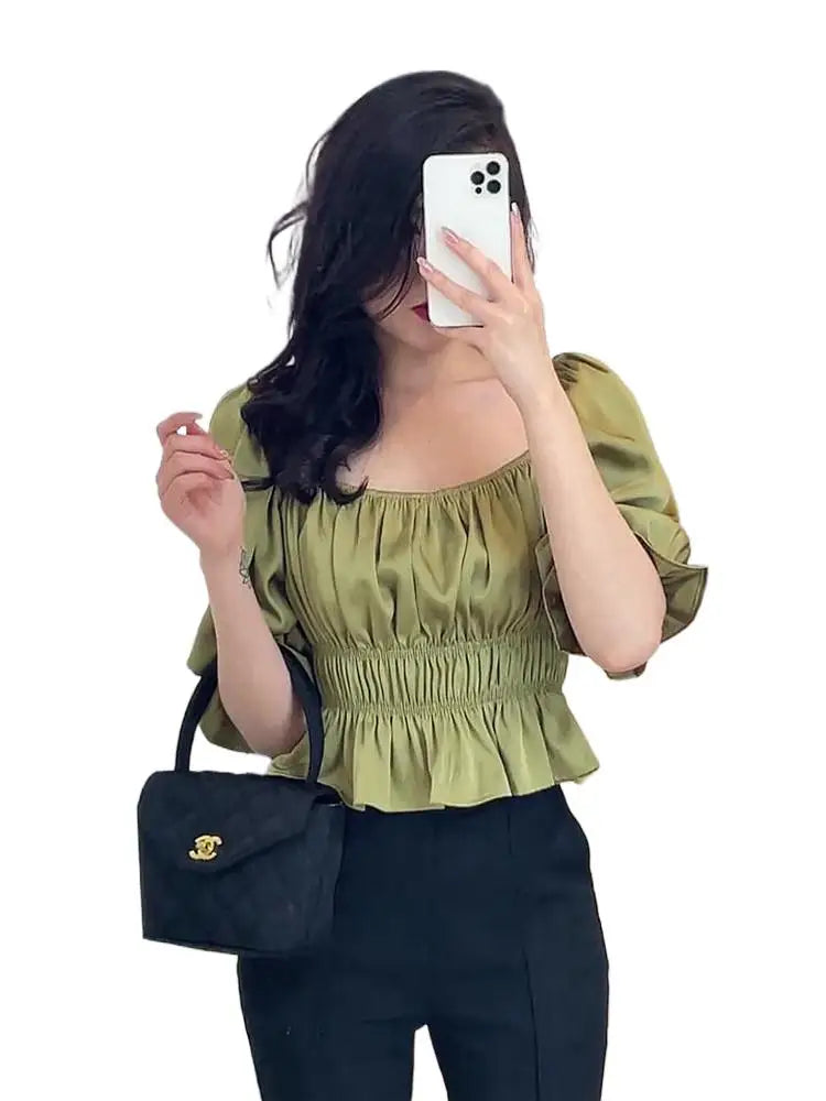 Green Slim Fit Elastic Waist Shirt Women's New Satin Square Neck Bubble Sleeve Mid Sleeve Versatile Short Top Ropa De Mujer