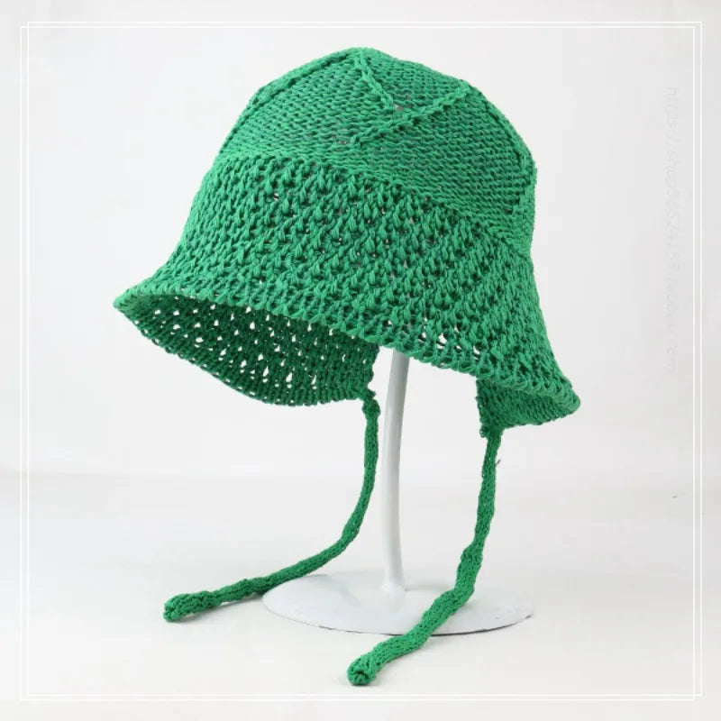 Green Color Sun Beach Straw Hat Seaside Sunshade After Sunscreen Split Strap Hollow Summer Bucket Hat