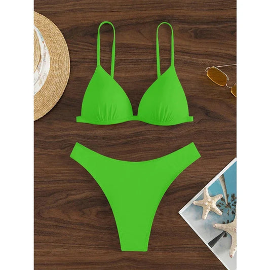 Green Solid Color 2-Piece Swimsuit Women,2024 High Waist Bikini,V-neck Suspender Backless Swimwear,Swimwear with Bust Pad,summer