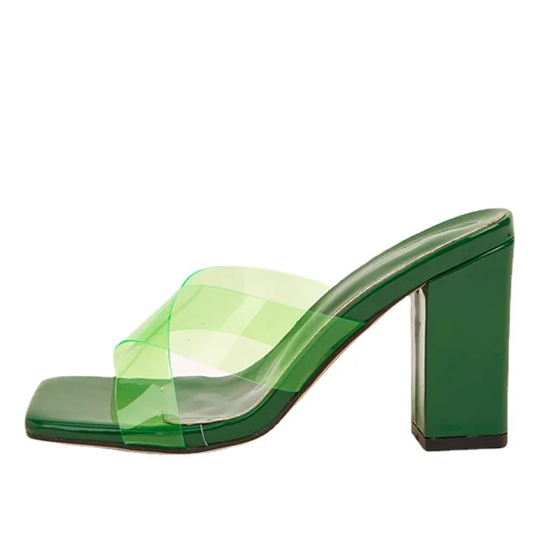 Women Slides Square  Ladies Fashion Casual Shoes Summer Green