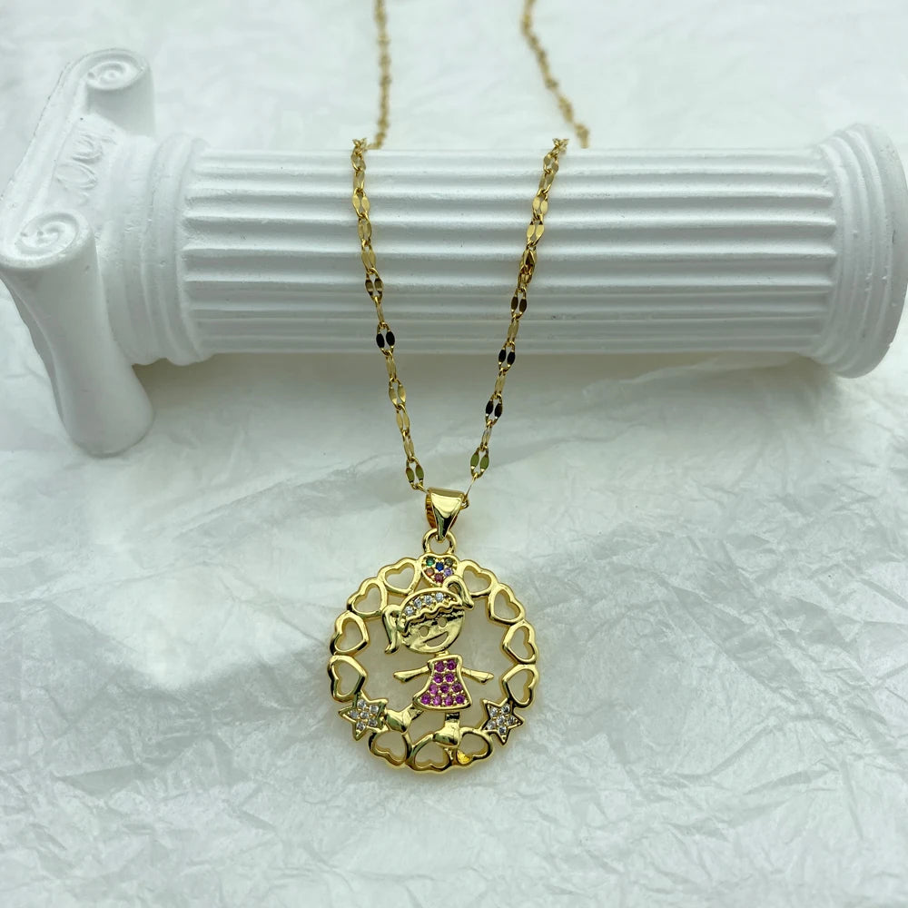 Gold Plated Stainless Steel Necklace For Women Round  Pendant Pretty Cute Girl Fashion Steel Jewerly Necklace New In Accessories