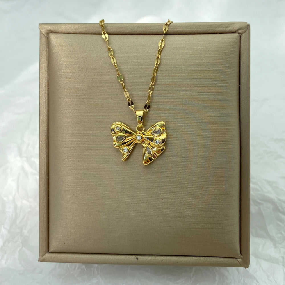 Gold Plated Butterfly Bowknot Pendant Stainless Steel Necklace For Women Gfit Jewerly New In Necklace Accessories Luxury Design