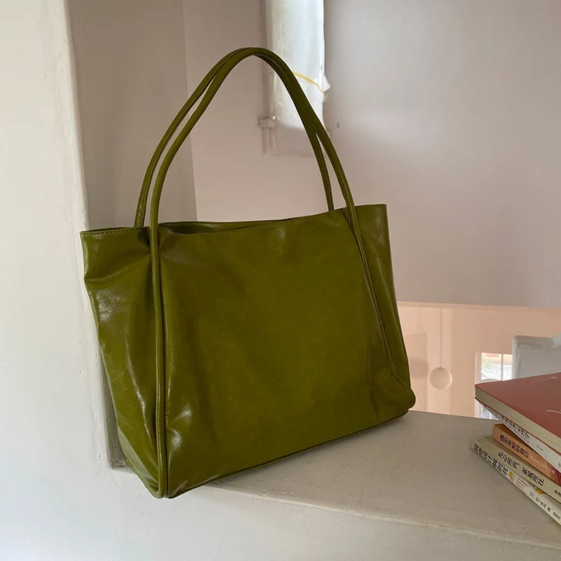 Green Vintage Women's Bag Large Capacity Soft Pu Shoulder Underarm Bags Simple All-match Ladies Handbag Elegant Fashion Totes