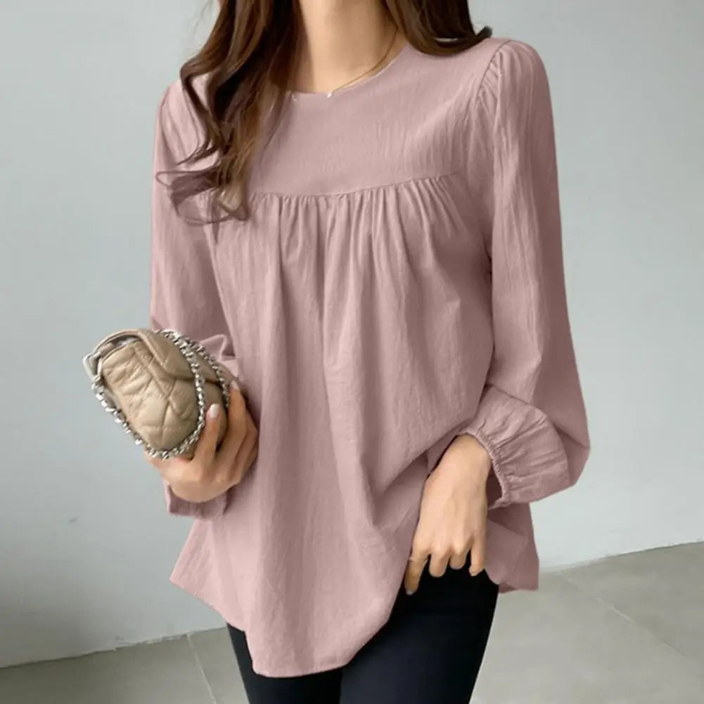 Elegant Women Spring Summer Casual Shirt O-Neck Lantern Long Sleeve Pullover Tops Solid Color Loose Shirt Green