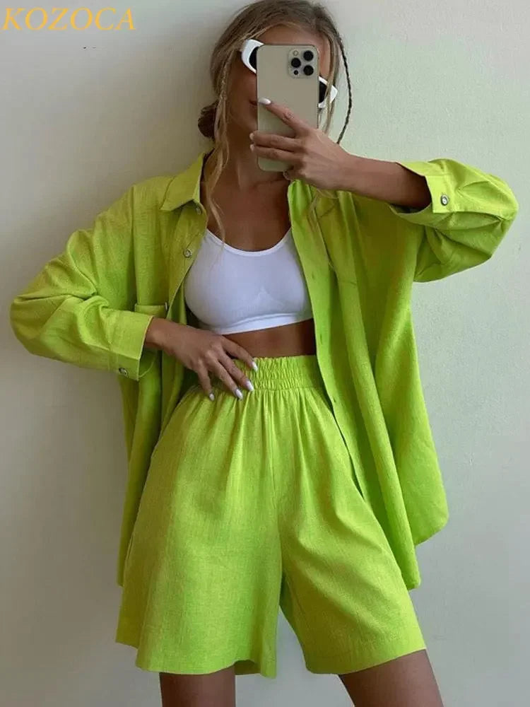 Summer Two Piece Set Women Shorts Suit Green Lapel Long Sleeve Shirts Sets Female Elegant Casual High Waist Pants Lady Outfits