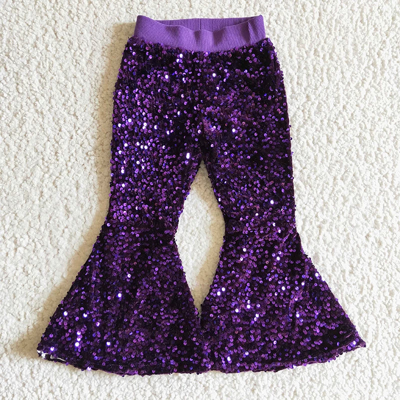 Wholesale Kid Glitter Clothing Baby Girl Toddler Sequins Green Color Soft Comfortable Children Lining Bell Bottoms Pants