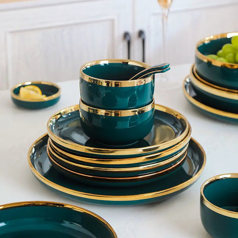 Gold Stroke Green Dinner Set Plates and Dishes Nordic Modern Simplicity Color Glaze Plates and Bowls Restaurant Hotel Tableware