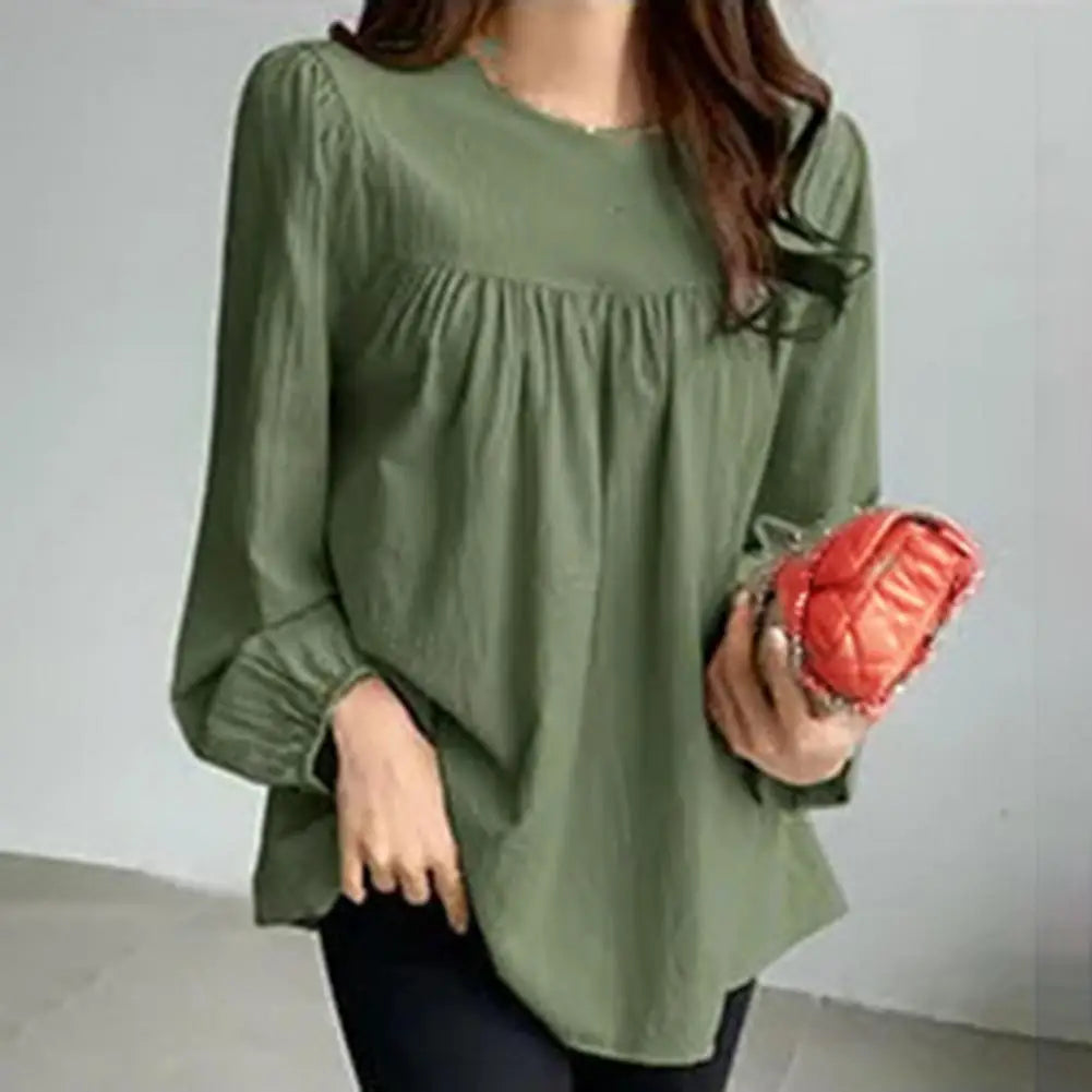 Elegant Women Spring Summer Casual Shirt O-Neck Lantern Long Sleeve Pullover Tops Solid Color Loose Shirt Green