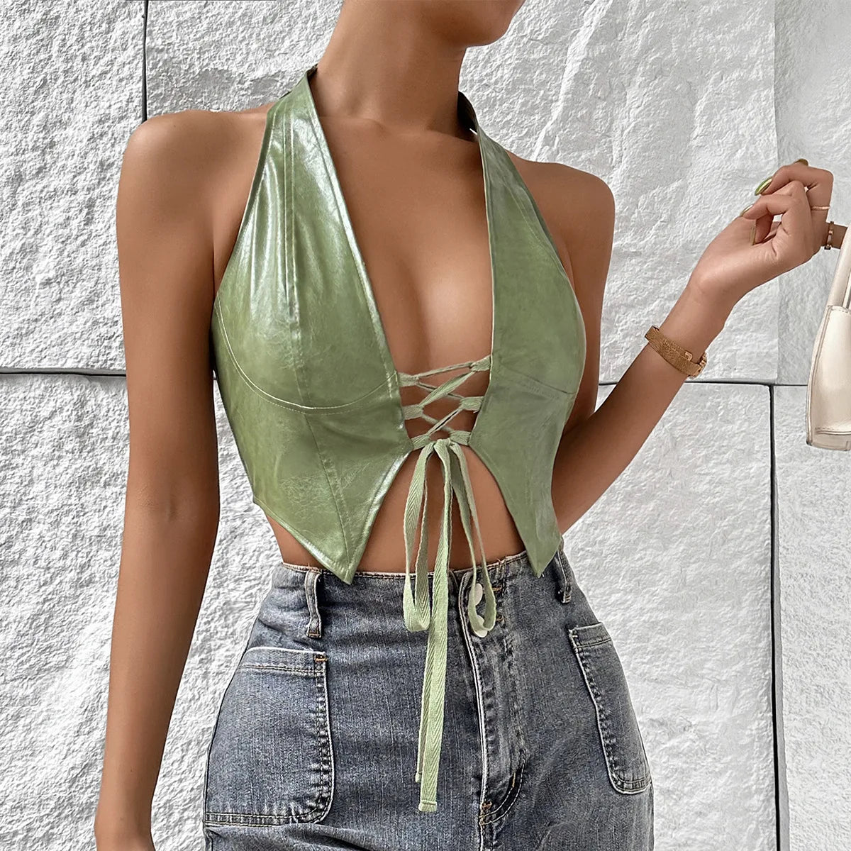 ISAROSE Women Summer Vest Sexy Low Cut Sleeveless Green PU Leather Front Adjustable Bandage Backless Party Club Halter Crop Tops