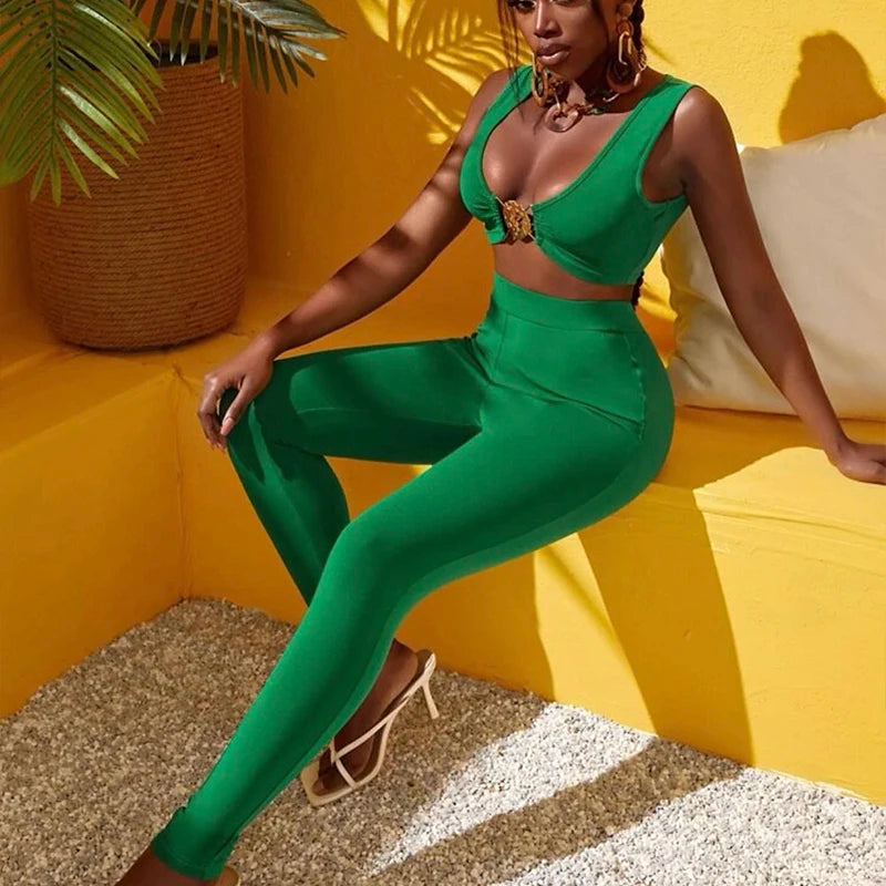 Factory Wholesale women's Wear Green V-Neck Bandage Top&trousers Elastic Skinny Sexy Two Piece Set Celebrity Party Sets