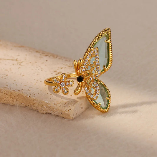 Zircon Crystal Butterfly Rings For Women Gold Color Stainless Steel Flower Opening Ring Wedding Party Aesthetic Jewerly Gift