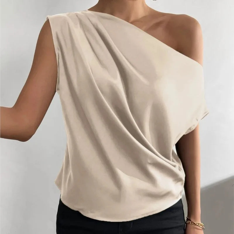 Elegant Off Shoulder Green Shirt 2024 Women's Summer New Fashion Versatile Oblique Collar Pinched Pleated Asymmetric Tank Top