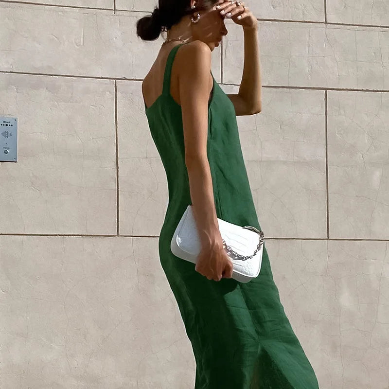 Green Tank Dresses Summer Cotton Linen Sleeveless Straight Split Dress 2023 All-Match Midi Dress Vacation Style Dress Vestidos