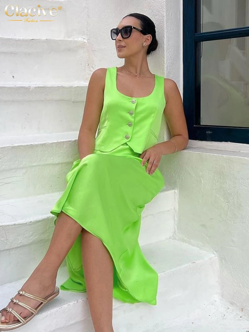 Clacive Summer Slim Green Satin 2 Piece Set Women Outfit 2024 Fashion Sleeveless Tank Top With High Waist Long Skirts Set Female