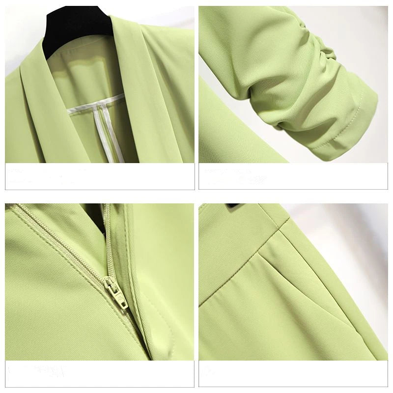 Women Spring  Green Blazer Pants Two Pieces Sets Clothing