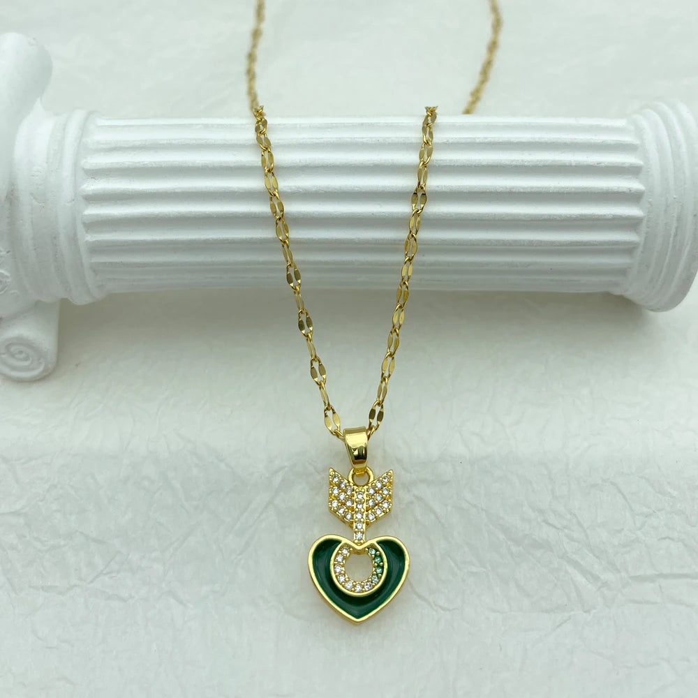 Arrow Green Heart Enameled Pendant Stainless Steel Necklace For Women fashion Jewerly New In Accessories Luxury Design