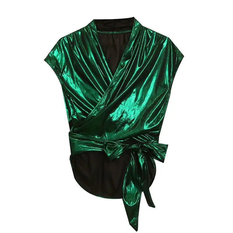 Gold Silver Green Shinny Sleeveless T Shirt Women Sexy Streetwear Sexy Irregular Short Wrap T-shirt Female Bandage Summer