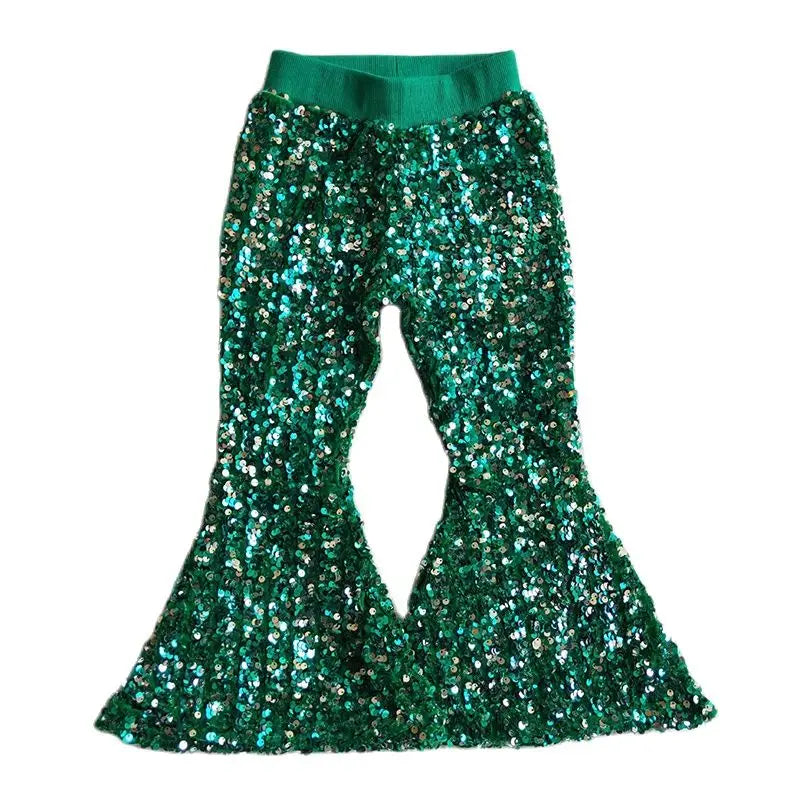 Wholesale Kid Glitter Clothing Baby Girl Toddler Sequins Green Color Soft Comfortable Children Lining Bell Bottoms Pants