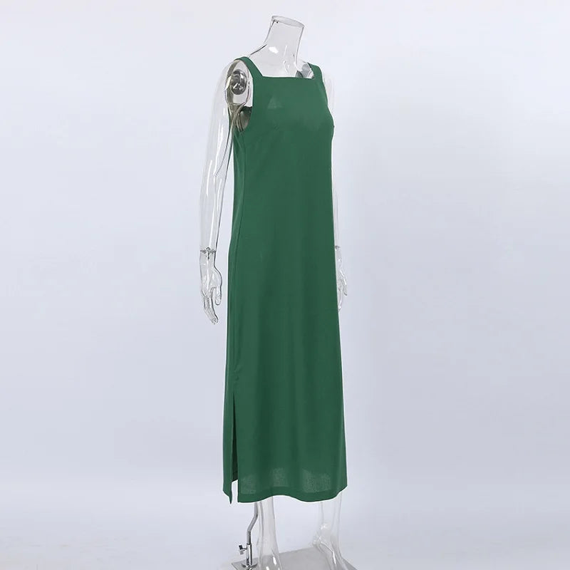 Green Tank Dresses Summer Cotton Linen Sleeveless Straight Split Dress 2023 All-Match Midi Dress Vacation Style Dress Vestidos