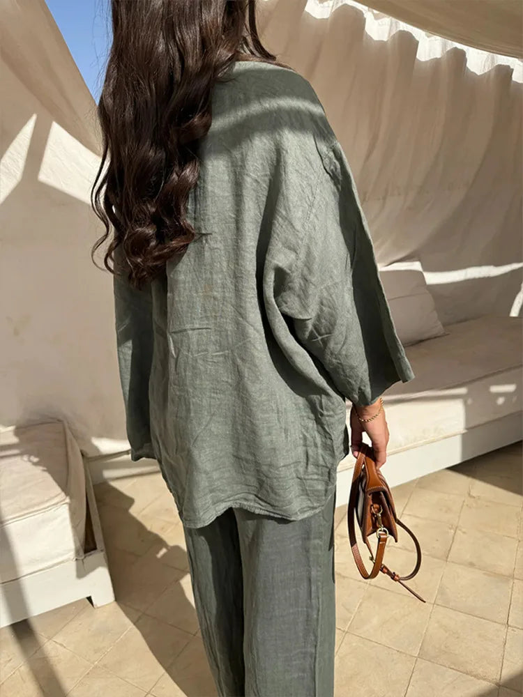 Elegant Green Pocket Buttons Shirt Sets For Women Solid Long Sleeve Tops Wide Leg Pant Suits 2024 New Female High Street Outfits