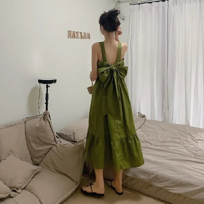 Fashion Green Dresses Summer Sling Sweet Kawaii Dress Backless Bow Tie Lace Up Long Robe Clothe Women Korean Vestiods