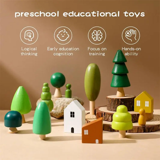 Baby Wooden Tree Mushroom Building Blocks Toys For Kids Handmade Green Forest Colorful Child Montessori Educational Toys YZ13