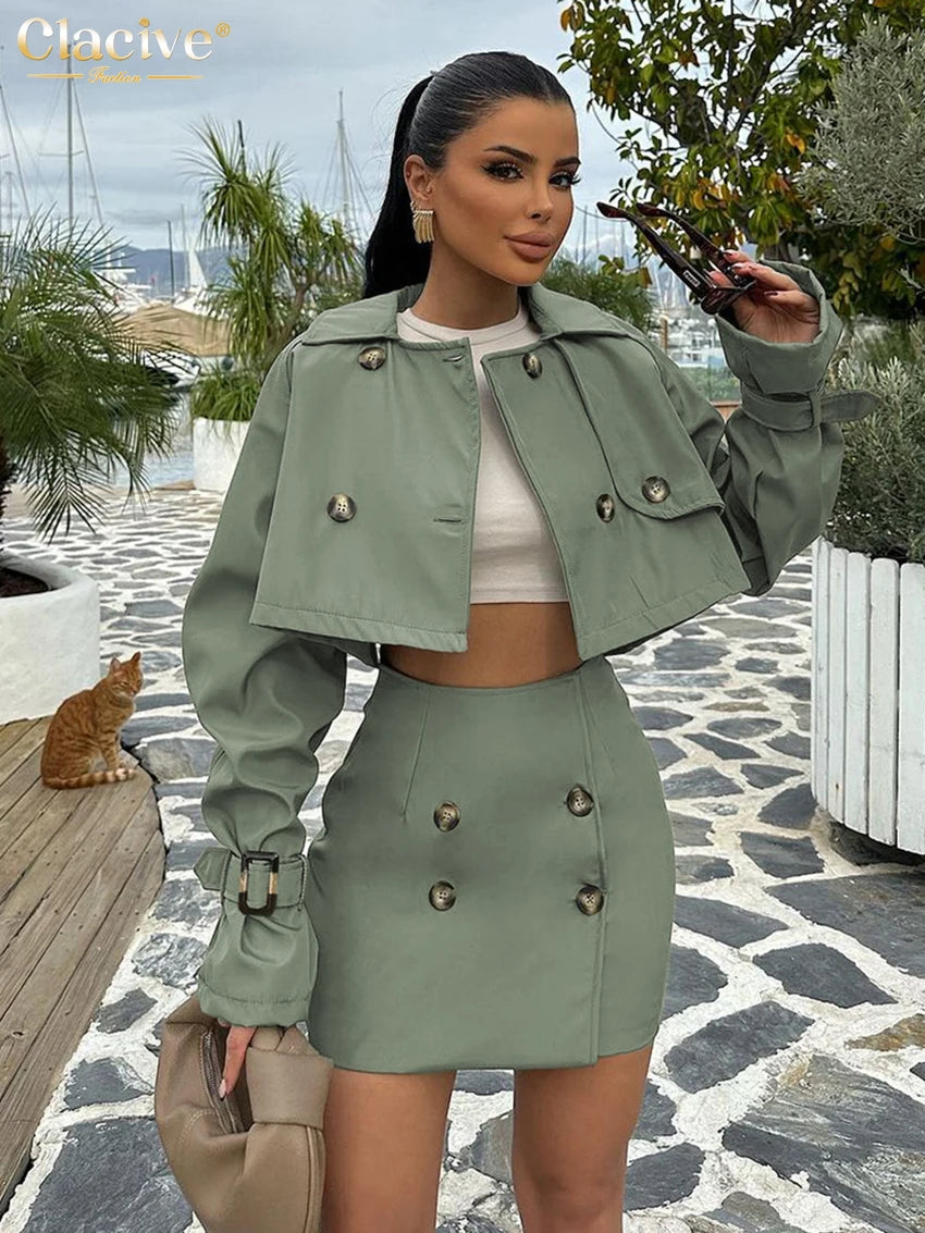 Clacive Fashion Loose Green 2 Piece Sets Women Outfit 2024 Elegant Long Sleeve Crop Top With High Waist Mini Skirts Set Female