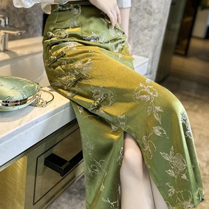 Vintage Chinese Buckle Floral Printed Midi Skirt for Women Summer High Waist Slim Causal Slit Green Skirt CY228