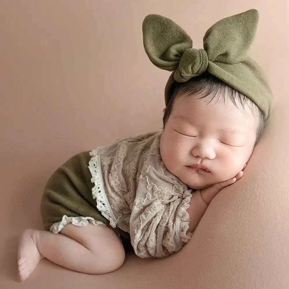 Baby Contrast Color 2 Pieces Set Newborn Green Lace Romper Jumpsuit Rabbit Headband Set Baby Boy Girls Photography Clothing