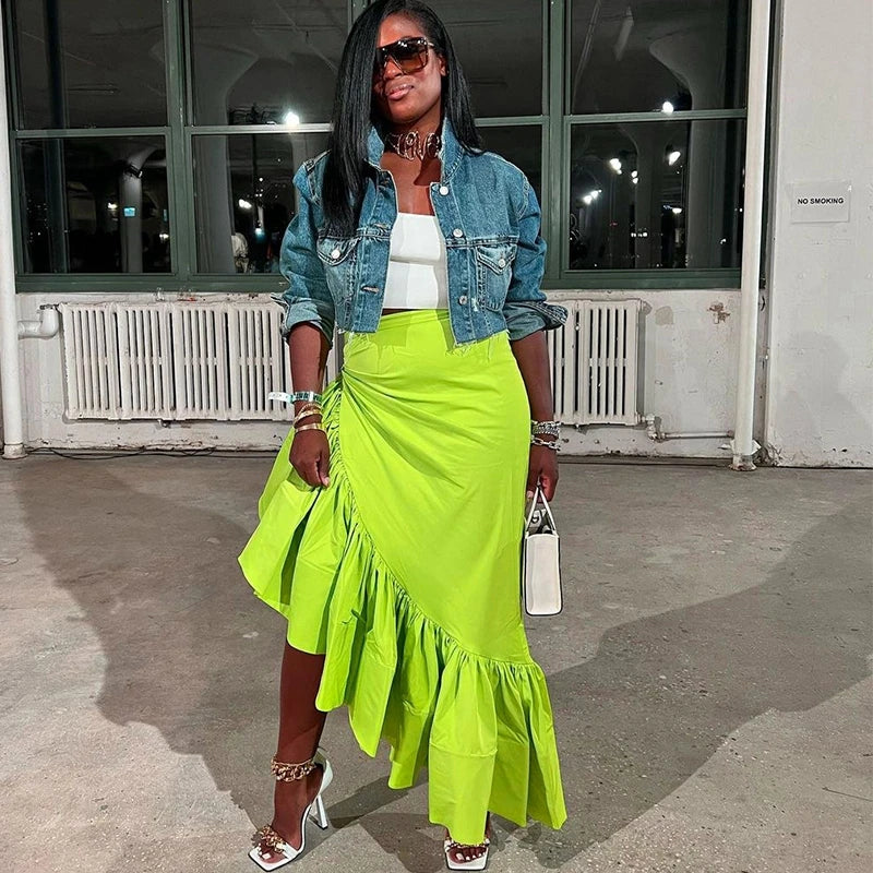 Irregular Ruffle Skirt Women 2022 Elegant Long Skirt Autumn Luxury Designer y2k Streetwear Green High Waist Pleated Maxi Skirt