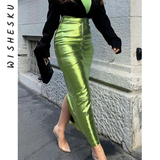 Sexy Sparkly Slit Luxury Long Skirts Women High Waist Metallic Green Slim Maxi Skirt 2023 Summer Elegant Birthday Party Clothes