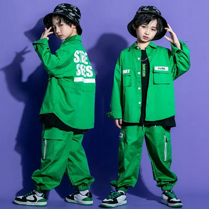 Kids Green Suit Kpop Hip Hop Clothing Solid Color Shirt Top Streetwear Cargo Jogger Shorts Pants Child Girls Jazz Dance Costume