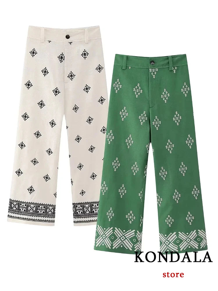 KONDALA Vintage Embroidery Green Wide Leg Pants Women Fashion 2023 Summer High Waist Pockets Button Fly Calf-Length Trousers