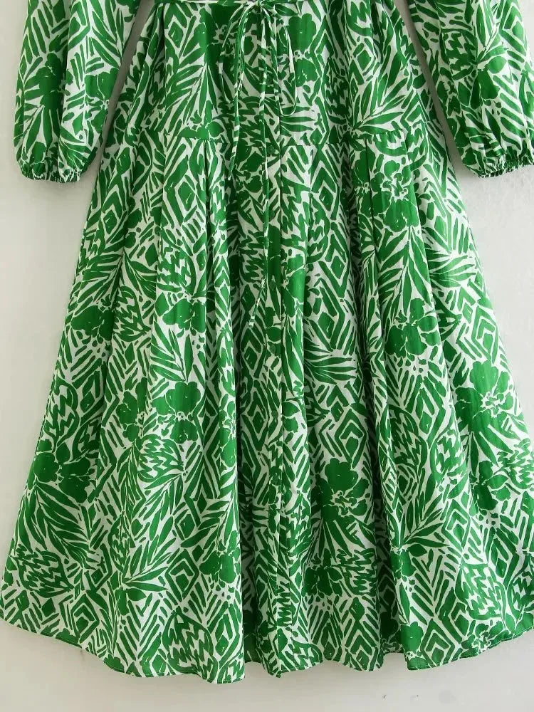 Green Print Long Dress Women Pleated Shirt Dress Woman Long Sleeve Maxi Dresses for Women 2023 Summer Collar Female Dress