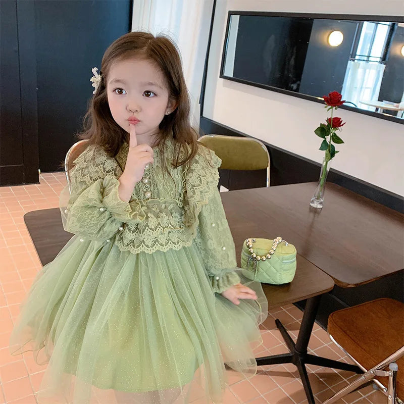 Green children's clothing girl spring dress new patchwork mesh skirt baby princess skirt