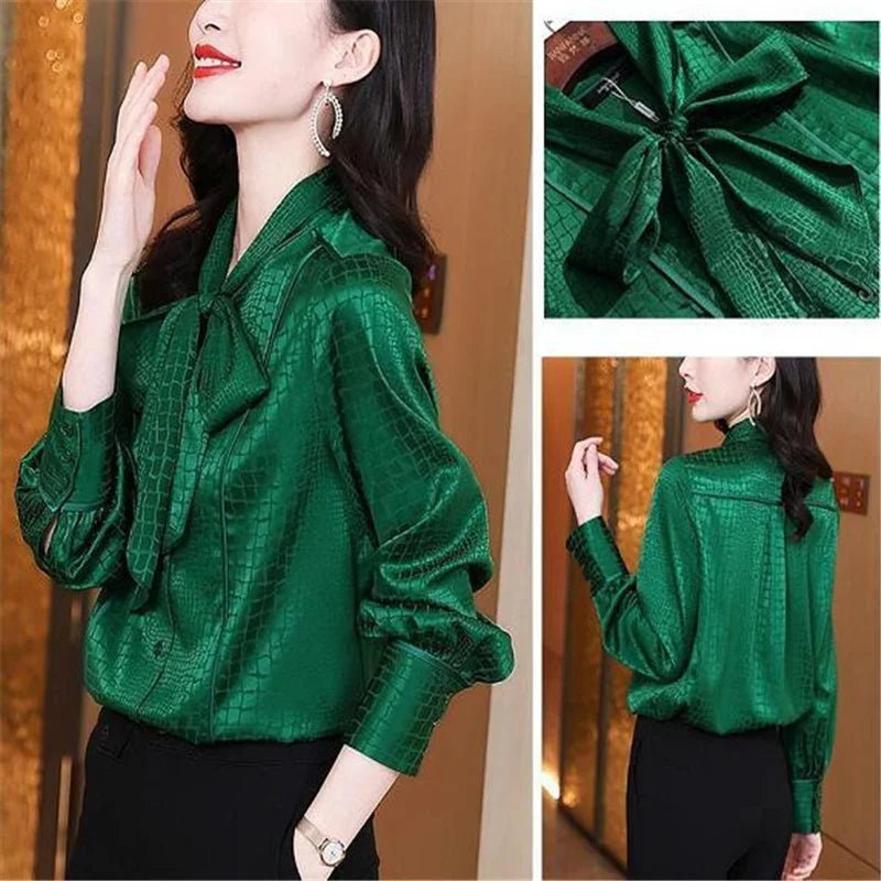 Bow Tie Cardigan Blouses Ladies Shirt Green Check Print Top For Women Long Sleeve Button Up Basice OL Satin Blusas Female Shirt