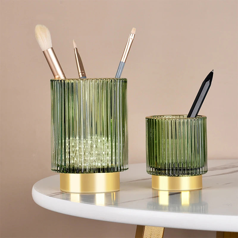 Creative Glass Storage Bucket Dark Green Pen Holder Cup Makeup Brush Container Desktop Flower Vase Organizer For Home Decoration