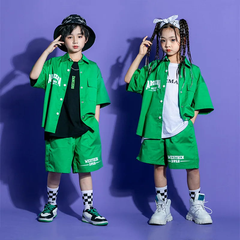 Kids Green Suit Kpop Hip Hop Clothing Solid Color Shirt Top Streetwear Cargo Jogger Shorts Pants Child Girls Jazz Dance Costume