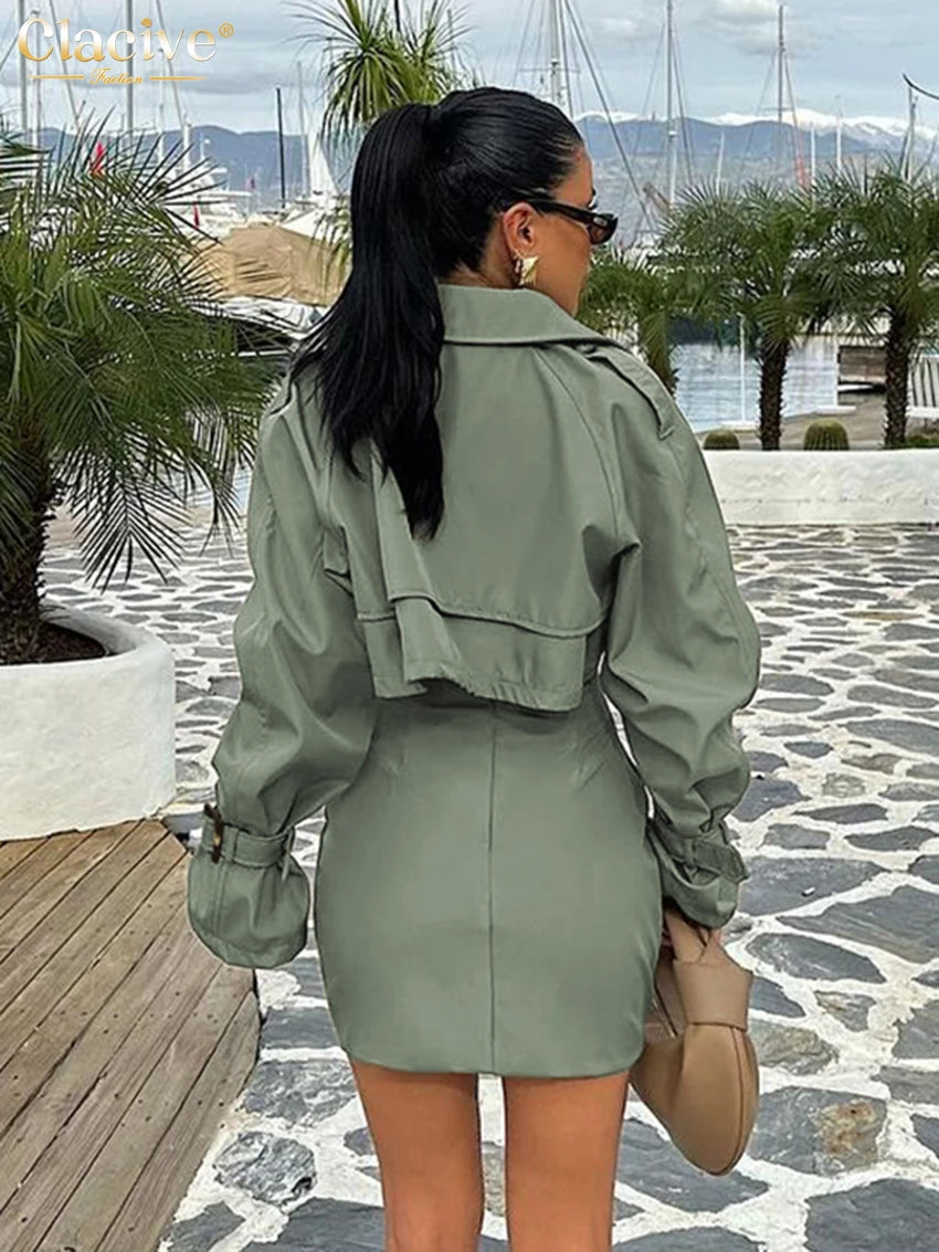 Clacive Fashion Loose Green 2 Piece Sets Women Outfit 2024 Elegant Long Sleeve Crop Top With High Waist Mini Skirts Set Female