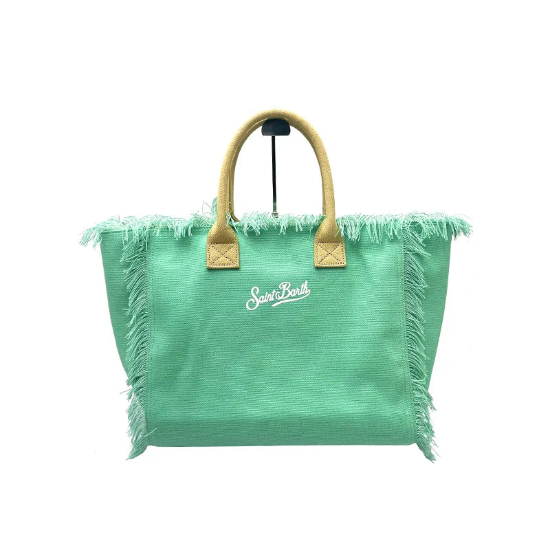 New Green Solid Color Women's Handbag, Women's Large Capacity Canvas Tassel Design Handbag, Women's Zipper Shoulder Bag