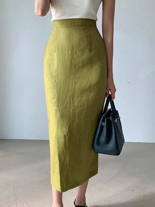 Temperament Versatile Solid Color Green High Waist Buttocks Wrapped Long Skirt For Women 2024 Summer slim skirts